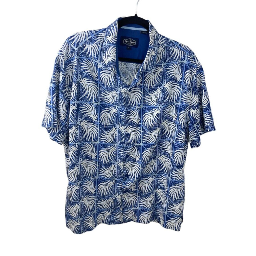 Nat Nast Blue White Hawaiian Palm Cotton Silk Button Front Short Sleeve Shirt L